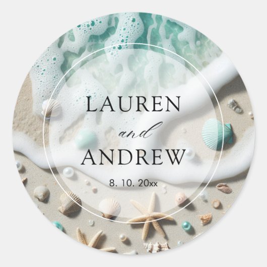 ビーチ海シーサイドパーソナライズされた結婚ズ ラウンドシール (正面)