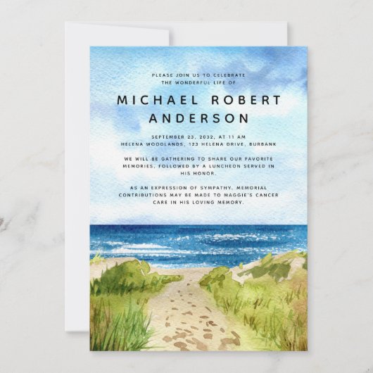 ビーチ海トリビュートお祝いのライフメモリアル 招待状 (正面)