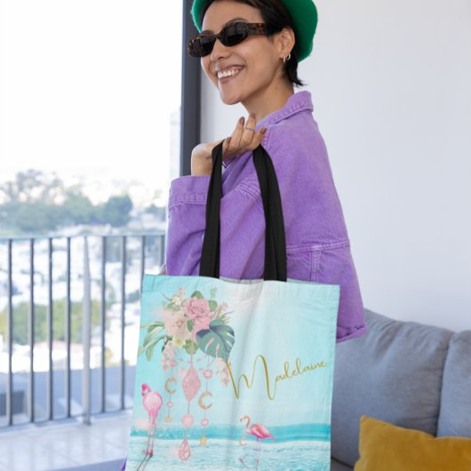 ビーチ海フラミンゴジュエリーピかわいらしンク トートバッグ