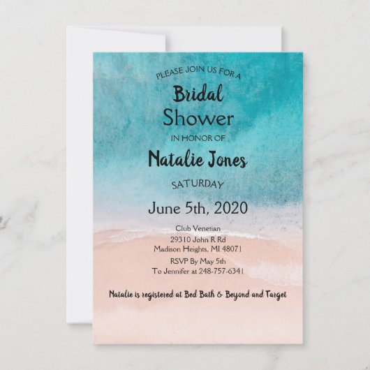 ビーチ海ブルーシーサイドウェディングシャワー 招待状 (正面)