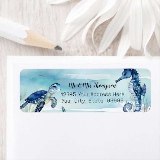 ビーチ海中タートルシーホース水色の青 ラベル (インサイチュ)