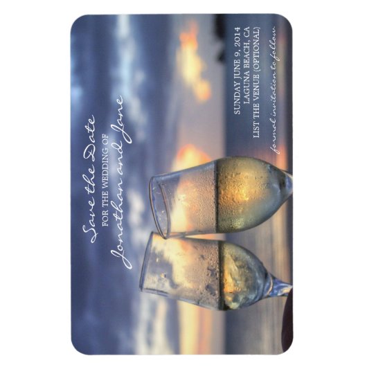 ビーチ海結婚のシャンパングラス日付を保存 マグネット (縦)