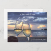 ビーチ海結婚のシャンパングラス日付を保存 案内ポストカード (正面/裏面)