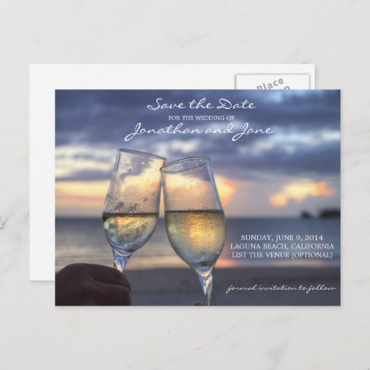 ビーチ海結婚のシャンパングラス日付を保存 案内ポストカード (正面/裏面)