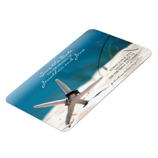 ビーチ海結婚のリングや輪Starfish日付の保存 マグネット (左側)