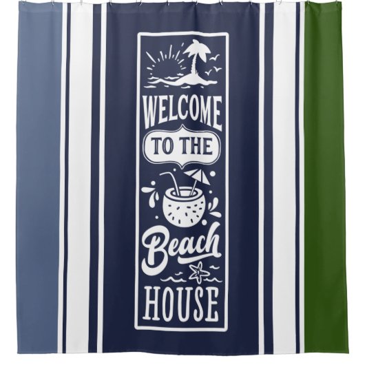 ビーチ海軍ホワイトモスグリーンへようこそ シャワーカーテン (正面)