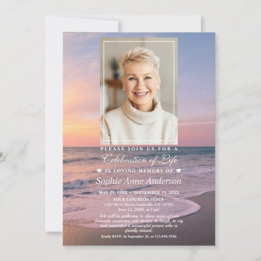 ビーチ海辺の葬儀お祝いの生活写真 招待状 (正面)