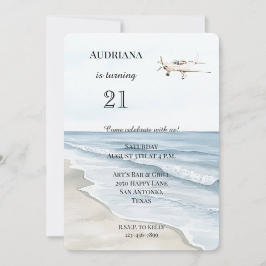 ビーチ海飛行機誕生日 招待状 (正面)