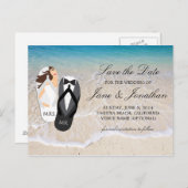 ビーチ海「ミスター・アンド・ミセス」 結婚式の日付の保存 案内ポストカード (正面/裏面)