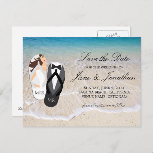 ビーチ海「ミスター・アンド・ミセス」 結婚式の日付の保存 案内ポストカード (正面/裏面)