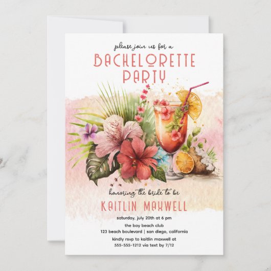 ビーチ熱帯をテーマにしたカクテルバチェロレッテ 招待状 (正面)