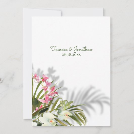 ビーチ熱帯フローラシャドウカップルのシャワー 招待状 (裏面)