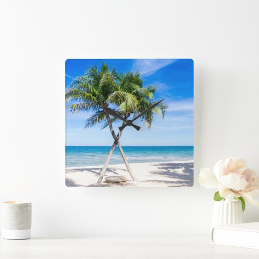 ビーチ熱帯性ヤシの木の夏の楽園の写真 スクエア壁時計 (ホーム)