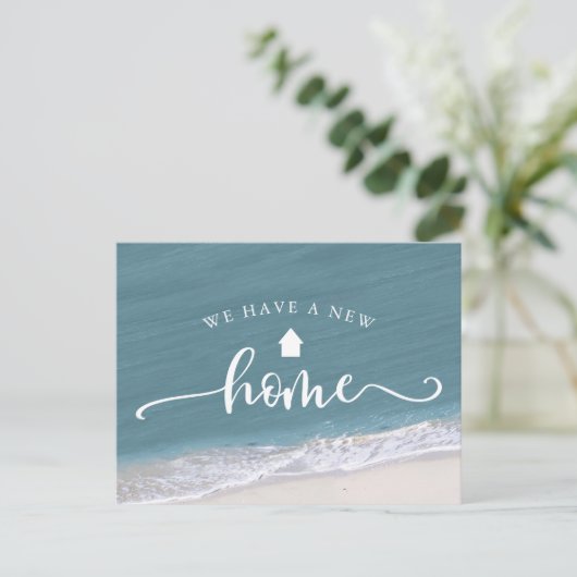 ビーチ熱帯書道が新しいアドレスを移動 ポストカード (スタンド正面)