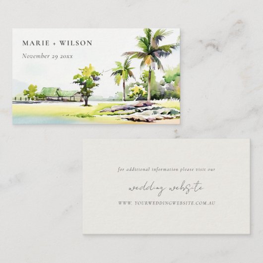 ビーチ熱帯沿岸のヤシの木結婚のウェブサイト エンクロージャーカード (正面/裏面)