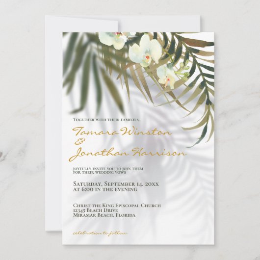 ビーチ熱帯緑の影の行先の結婚式 招待状 (正面)