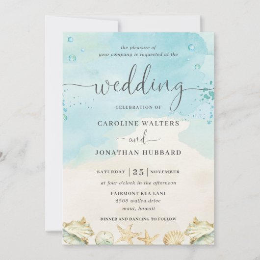 ビーチ熱帯航海の目的地の結婚式 招待状 (正面)