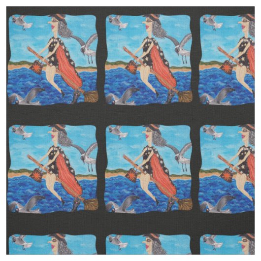 ビーチ猫おもしろいの上に飛んでいるの魔女の水着 ファブリック (見本)