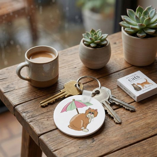 ビーチ猫(ピンクとグリーンの傘) キーホルダー