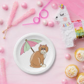 ビーチ猫（ピンクとグリーンの傘） ペーパープレート (パーティー)