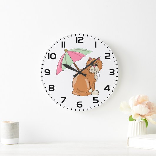 ビーチ猫(ピンクとグリーンの傘) ラージ壁時計