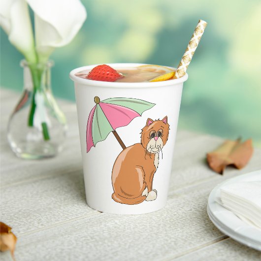 ビーチ猫（ピンクとグリーンの傘） 紙コップ