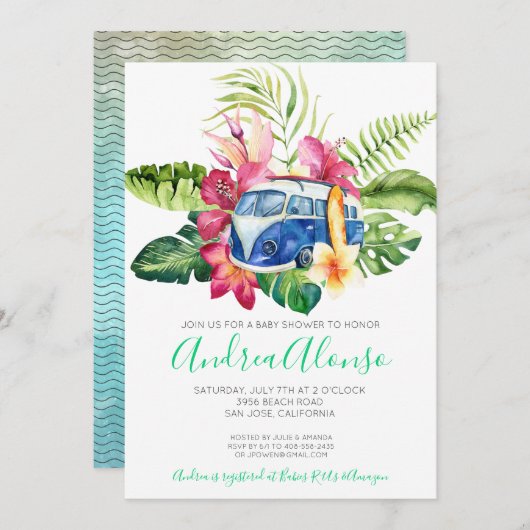 ビーチ男の赤ちゃんトロピカルベビーシャワー招待状 招待状 (正面/裏面)