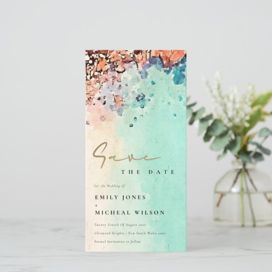 ビーチ砂の岩の水の色を保存する日付招待状 サンキューカード (スタンド正面)