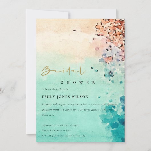 ビーチ砂岩水カラーブライダルシャワー招待状 サンキューカード (正面)