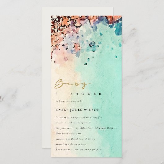 ビーチ砂岩水彩赤ちゃんシャワー招待状 サンキューカード (正面/裏面)