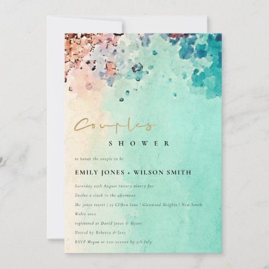 ビーチ砂岩水色対シャワー招待状 サンキューカード (正面)