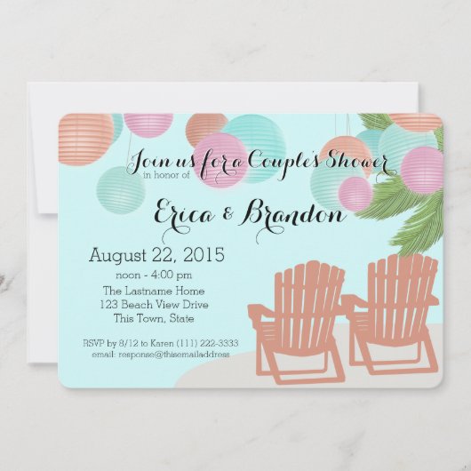 ビーチ紙ランタンカップルのシャワー 招待状 (正面)