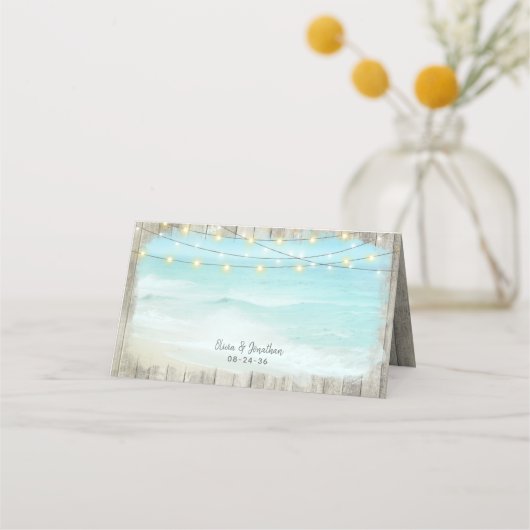 ビーチ素朴コースト木材ストリングラ結婚イト プレイスカード (裏面)