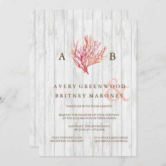 ビーチ素朴コーラルウッド結婚式招待状 招待状 (正面/裏面)