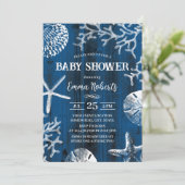 ビーチ素朴シーシェルズネイビーブルーベビーシャワー 招待状 (スタンド正面)