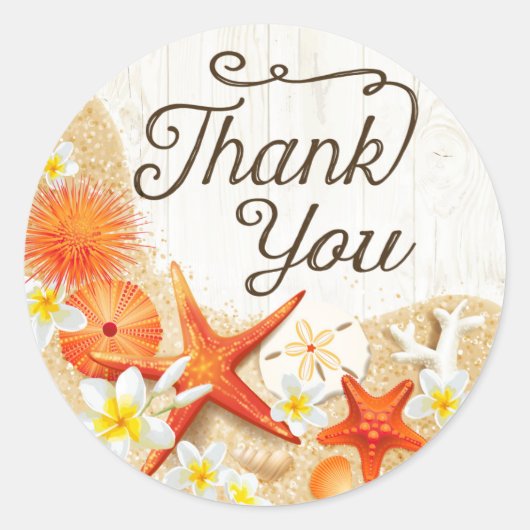 ビーチ素朴シーシェルプルメリアサンキューラベル ラウンドシール (正面)