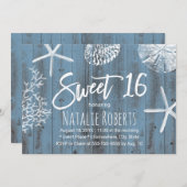 ビーチ素朴スウィート16スターフィッシュシーシェルダスティブルー 招待状 (正面/裏面)