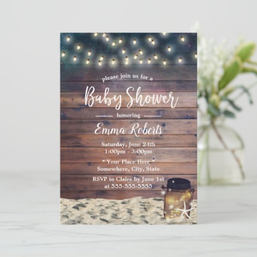 ビーチ素朴スターフィッシュメイソン瓶ベイビーシャワー 招待状 (スタンド正面)
