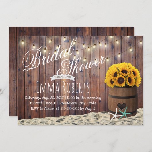ビーチ素朴スターフィッシュ&サンフラワーブライダルシャワー 招待状 (正面/裏面)
