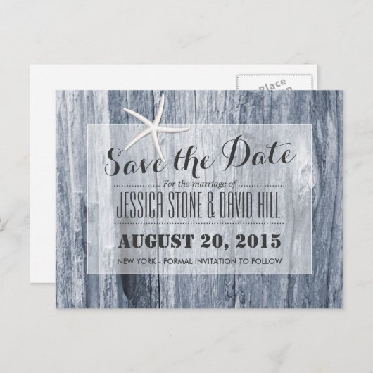 ビーチ素朴ドリフトウッド&スターフィッシュ日付を保存 案内ポストカード (正面/裏面)