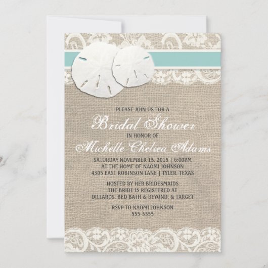 ビーチ素朴バーラップレースブライダルシャワー招待 招待状 (正面)
