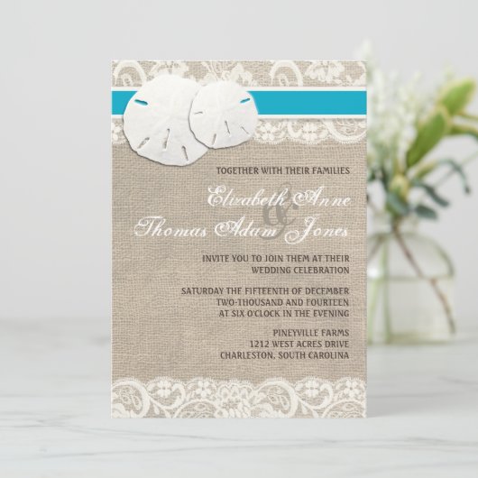 ビーチ素朴バーラップレース結婚式招待状マリブ 招待状 (スタンド正面)