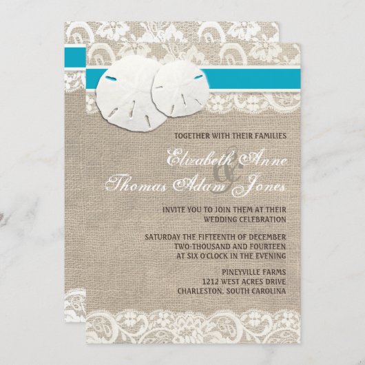 ビーチ素朴バーラップレース結婚式招待状マリブ 招待状 (正面/裏面)