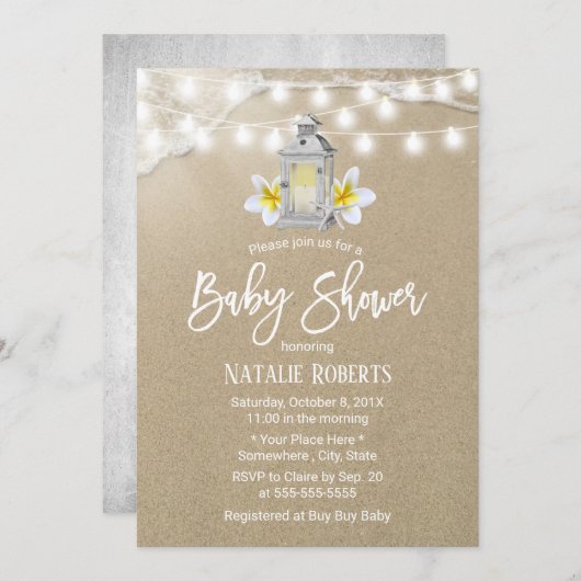 ビーチ素朴ホワイトランタン赤ちゃんシャワー 招待状 (正面/裏面)