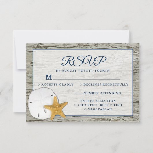 ビーチ素朴流木サンドドルウェディングRSVP 出欠カード (正面)