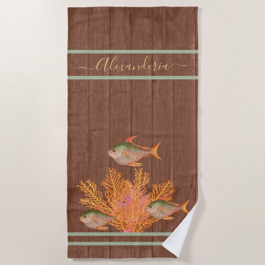 ビーチ素朴熱帯魚セージ緑コーラルピンク ビーチタオル (正面)