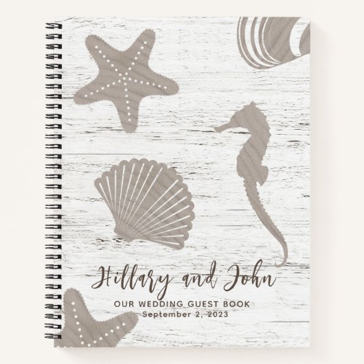 ビーチ結婚テーマのウッドグレインゲストブック ノートブック (正面)