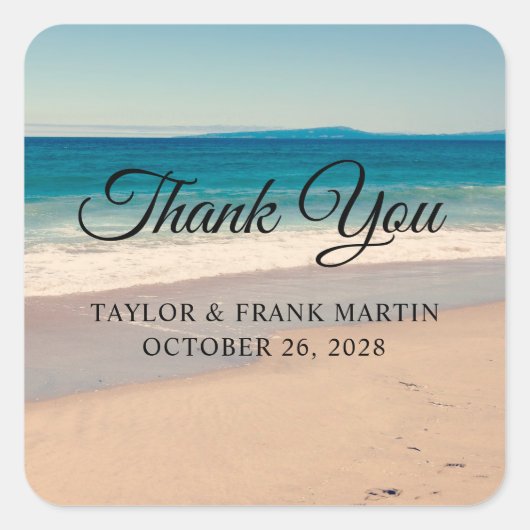 ビーチ結婚写真ありがとう スクエアシール (正面)