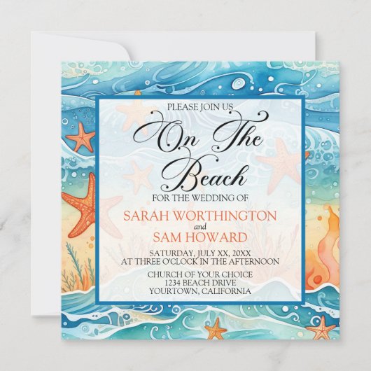 ビーチ結婚式で 招待状 (正面)