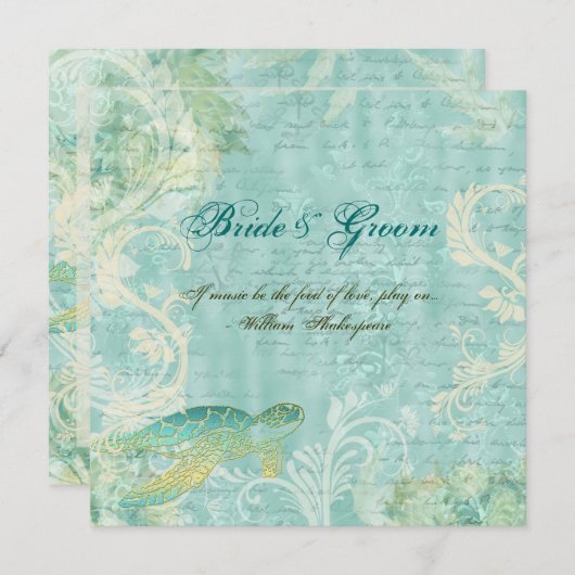 ビーチ結婚式のカメの渦巻の婚約 招待状 (正面/裏面)